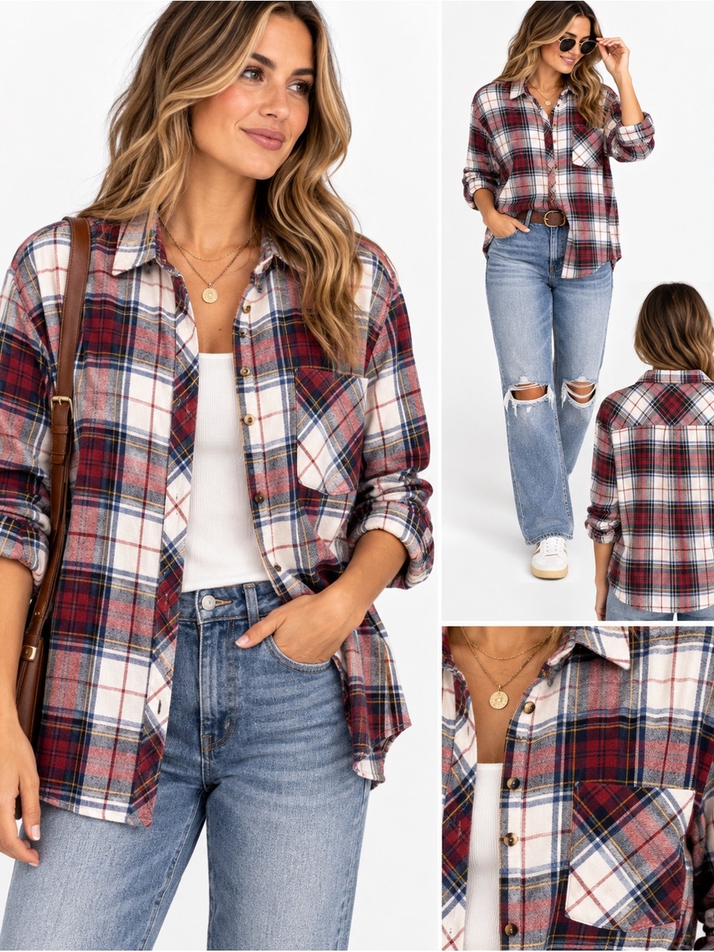 Thread & Supply Plaid Flannel Shirt Women’s Large Red Cream Navy Button Down